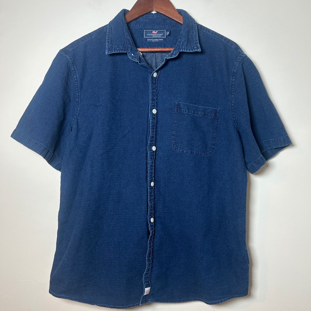 Vineyard Vines Slim Fit Murray Short Sleeve Button Up‎ Shirt Mens XL Blue Cotton